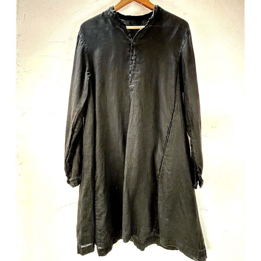 CP Shades 100% Linen Long Sleeve Henley Dress Black Made in USA Size M Lagenlook